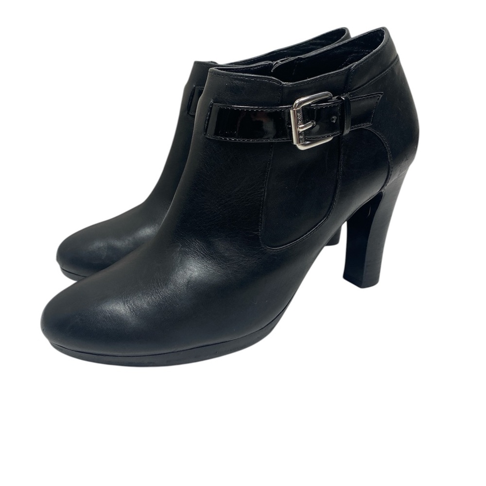 Lauren Ralph Lauren Black Leather Ankle Boots Heeled Booties Buckle Zip Size 8